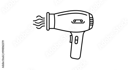 Line art illustration of a hairdryer blowing hot air, a common personal grooming appliance.
