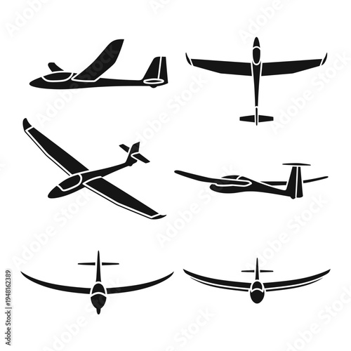 Glider Aircraft Silhouettes: Top, Side, and Front Views
