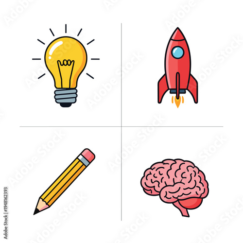 Creative Idea Generation and Innovation Process with Lightbulb, Rocket, Pencil, and Brain.