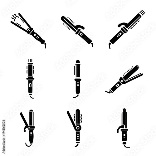 Hair Styling Tools Collection: Curling Irons and Straighteners Silhouette Icons