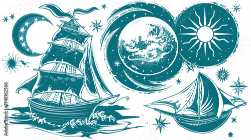 Teal vessels navigate cosmic waters, featuring moon, sun, stars, in a textured illustration