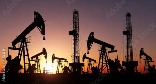 Silhouette of oil derricks against a vibrant sunset sky.