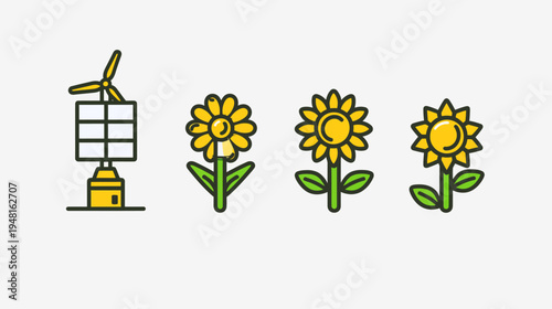 Illustration with wind turbine generator and three sunflowers with yellow petals