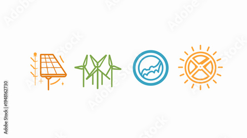 Icons representing solar, wind, water, and sun, for green energy solutions