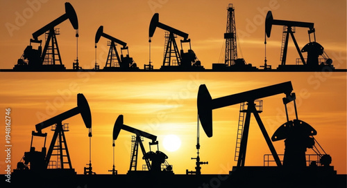 Silhouetted Oil Pumps at Sunset - A Symbol of Energy Production.