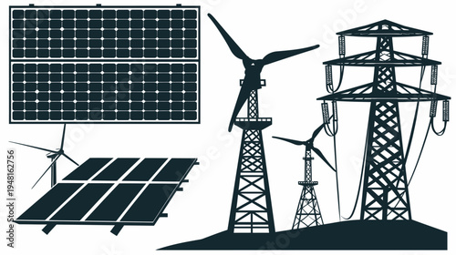 Dark silhouette illustration of renewable energy sources solar panels, wind turbines, grid