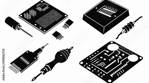 Isometric illustration of various black electronic components against a white backdrop