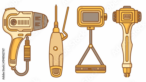 Cartoonish stylized illustration of tan-colored mechanical tools on a white background