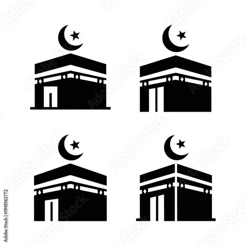 Islamic Kaaba Icons with Crescent Moon and Star, Mecca Religious Symbols