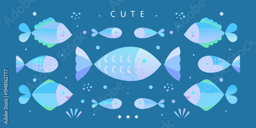 A collection of adorable stylized cartoon fish in shades of blue