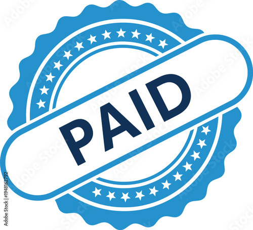 Bright blue circular guarantee seal clearly displays the word PAID across the center in bold dark lettering.