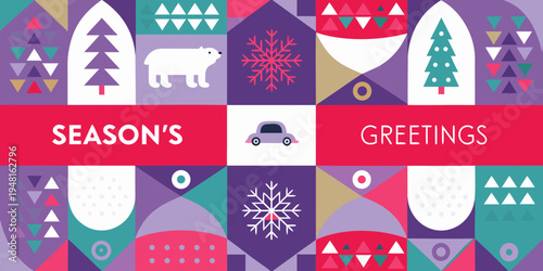 Festive geometric patterns with winter scenes and holiday greetings