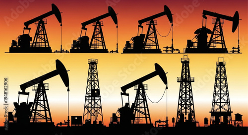 Silhouetted Oil Pumps at Sunset - A Symbol of Energy Production.