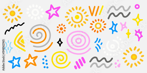 Colorful hand drawn shapes and doodles scattered across a light gray background