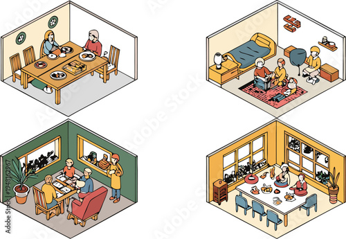  A collection of four distinct isometric illustrations showing various family dining scenarios vector illustration.

