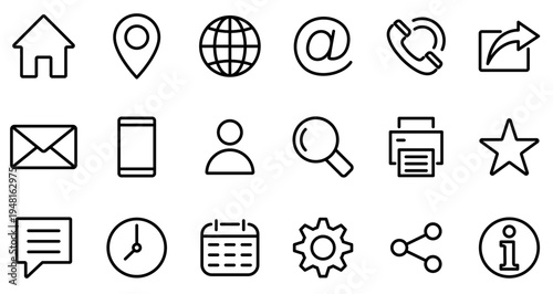 Large set of linear web icons for interfaces. Set of contact, navigation, mail, and settings signs in a thin line style. Vector illustration.