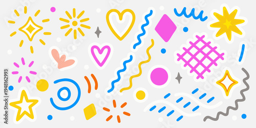 Colorful doodle patterns and shapes scattered across a light grey background