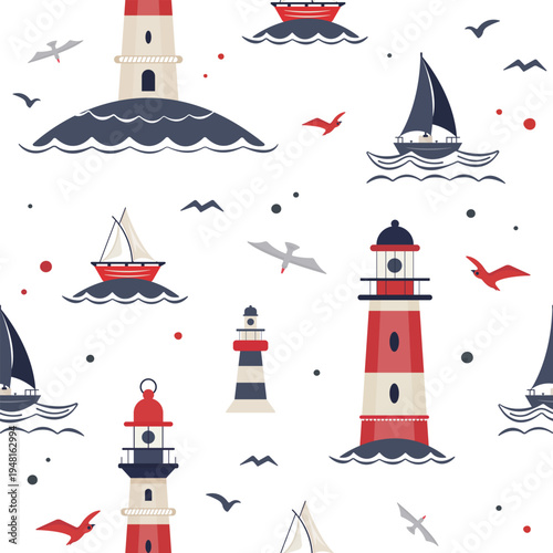 Seamless nautical pattern with lighthouses, sailboats, waves and seabirds in flat style. Marine travel background for summer vacation, maritime navigation theme for banners, posters, textile or web 