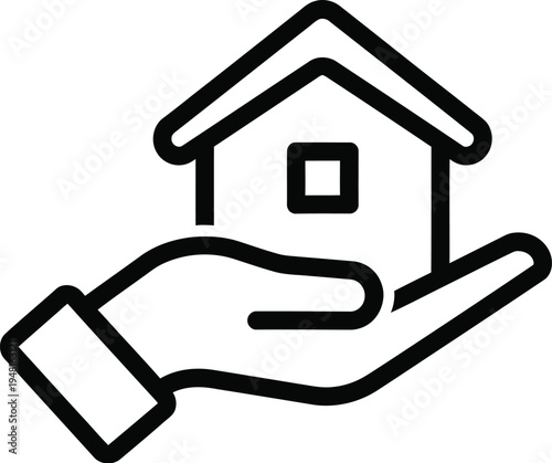 A single hand supports a small stylized outline of a house structure representing real estate or property ownership concept.
