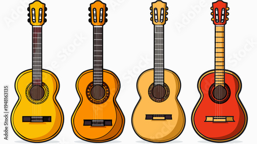 Four colorful classical guitars with unique textures arranged side by side on white