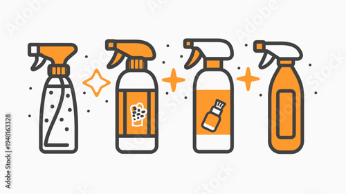 Four stylized cleaning spray bottles with orange accents on a white background