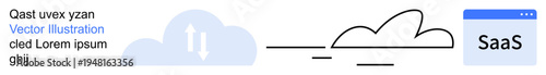 Cloud computing, SaaS platforms, digital transformation, data transfer, software solutions, innovation. Minimalistic design of clouds and a SaaS symbol. Cloud computing and SaaS platforms idea