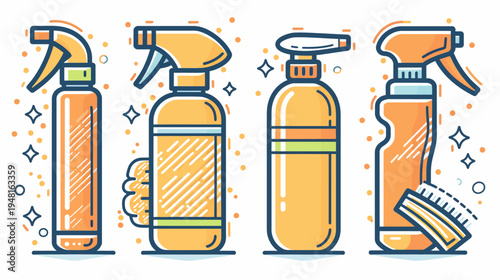 Four orange cleaning product bottles with spray nozzles, depicted in cartoon style