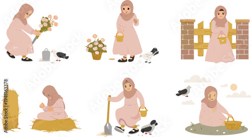 A girl working her house and garden cartoon vector illustration.