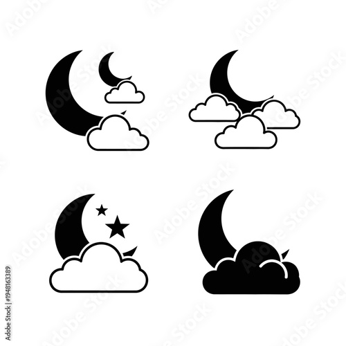 Moon and Cloud Icons Set - Night Sky Symbols