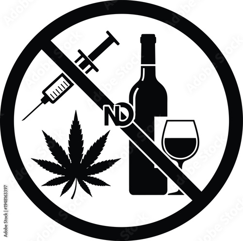 No drugs alcohol symbol icon, prohibition sign with syringe cannabis leaf and wine bottle, addiction prevention concept vector