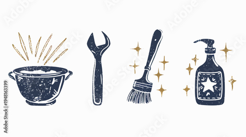 Four icons depicting a cooking pot, wrench, brush, and bottle, all stylized