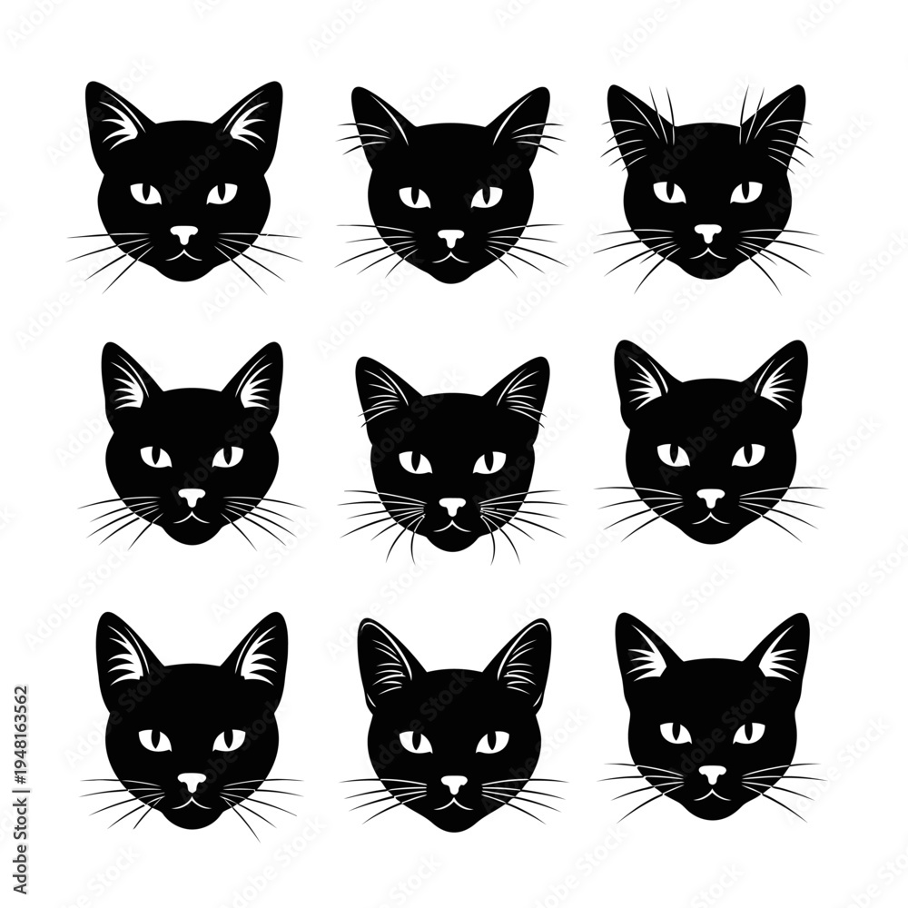 Fototapeta premium Nine Black Cat Faces, Minimalist Graphic Design, White Background