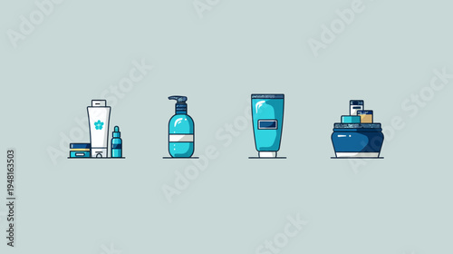 Four assorted cosmetic and hygiene product containers isolated on a light gray background