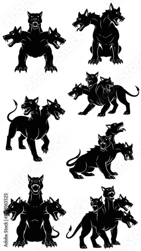 Mythological Cerberus Dog Silhouette Collection, Three Headed Beast