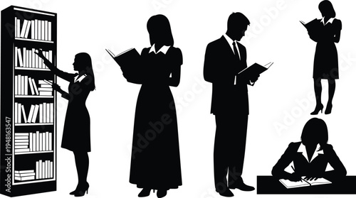 People reading books silhouette set, students studying in library with bookshelf, education learning concept vector illustration isolated design