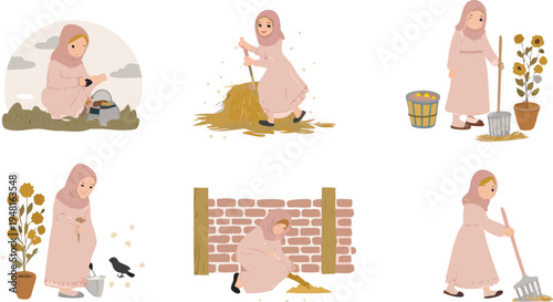 A girl working her house and garden cartoon vector illustration.