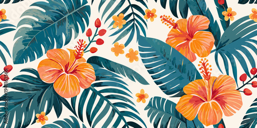 Vibrant tropical leaves and orange hibiscus flowers in a seamless pattern