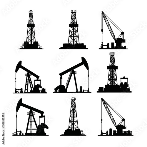 Oil Rig and Pumpjack Silhouettes Set - Industrial Energy Equipment