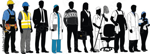 Silhouettes of diverse professionals stand together representing various industries in a stylized lineup against white.