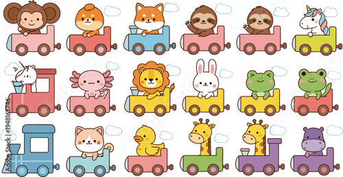 Cute Cartoon Animals Riding Train Kids Nursery Character Vector Illustration Set