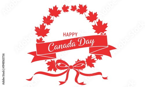 Happy canada day celebration with maple leaf wreath and red ribbon