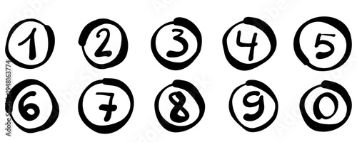 Set of hand-drawn numbers in circles. Black handwritten digits from 0 to 9, each enclosed in a rough circular outline, on a white background. Vector illustration.