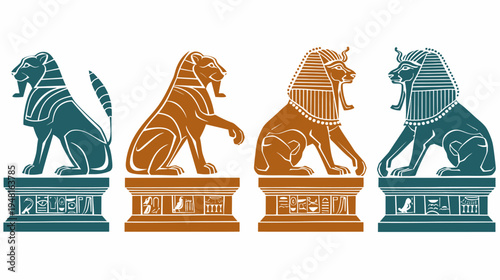 Four statued lion guardian figures on bases display ancient Egyptian style and colors