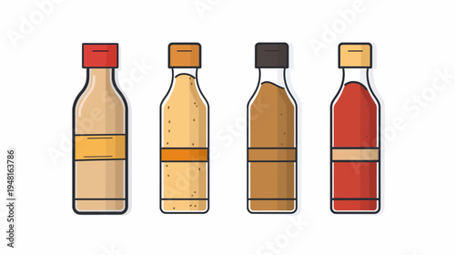 Four stylized bottles with different colored contents and lid, all set on a white background