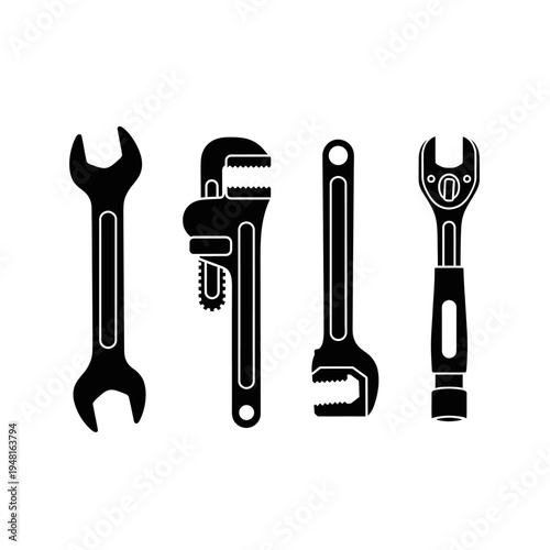 Plumbing Tools Set Silhouette: Wrench, Pipe Wrench, Adjustable Wrench, Ratchet