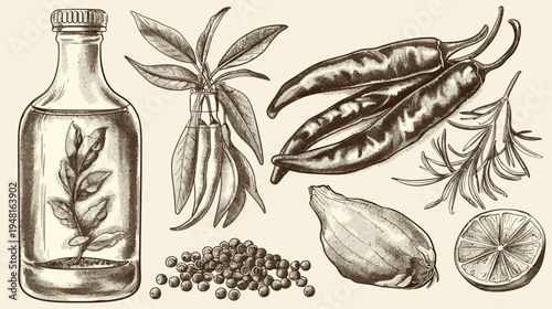 Sketch-style illustration of spices and seasonings, including peppers, oil, and lemon