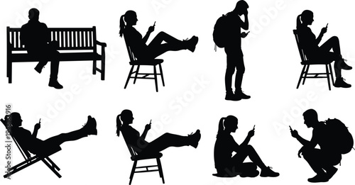 People using smartphone silhouette set, men and women sitting standing with mobile phone, social media communication vector illustration