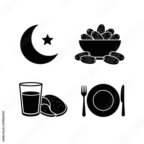 Ramadan Iftar Icons: Crescent Moon, Dates, Drink, and Meal Setting