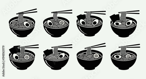 Ramen Bowl Icon Set - Japanese Noodle Soup Illustrations