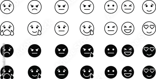 Various black and white emoji icons display a spectrum of human emotions from sadness to joy on a clean background.